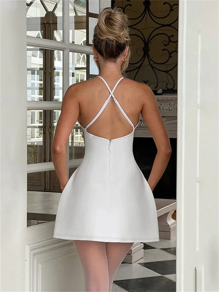 White Slim Halter Mini Dress - Backless Party Wear