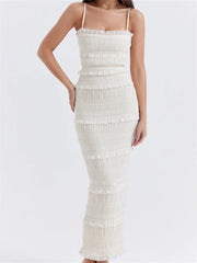 Y2K Ruched Sleeveless Sling Dress with Ruffles & Split