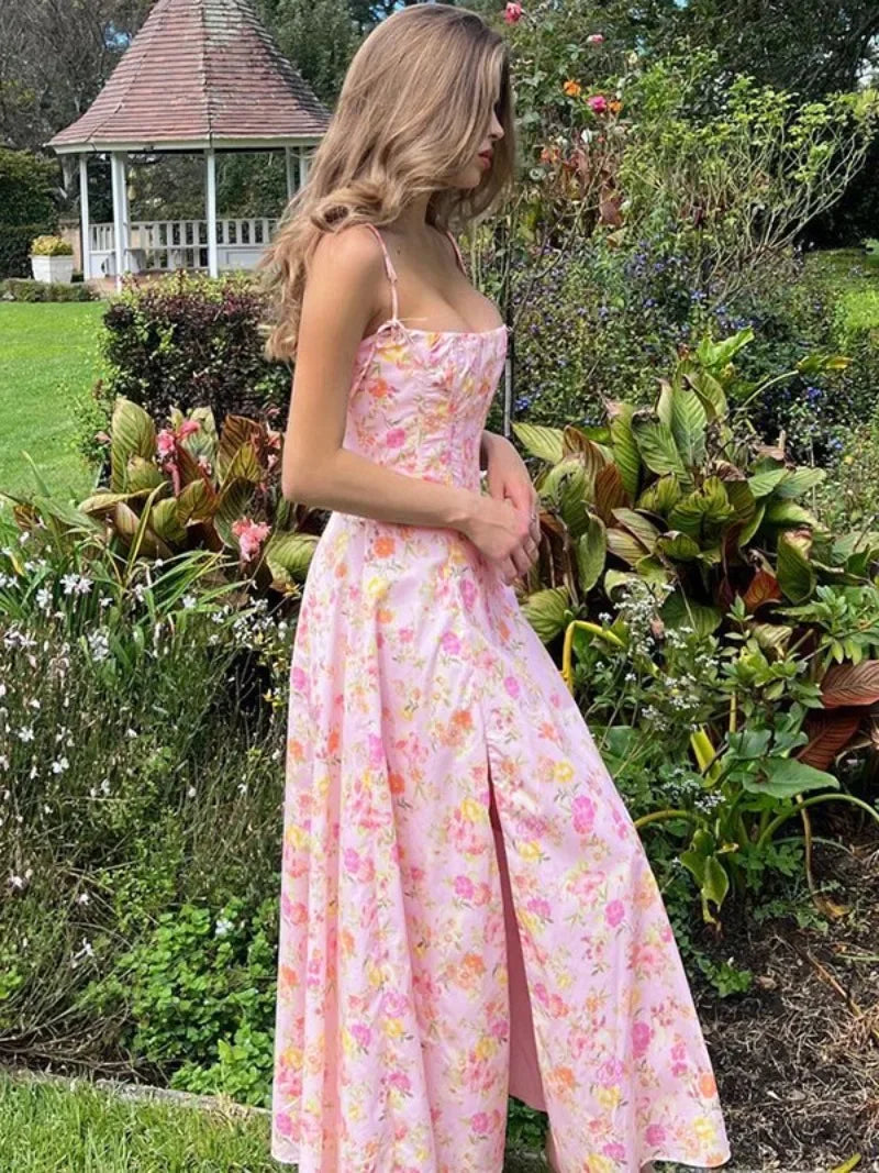 Floral Print Sleeveless A-line Pink Summer Dress