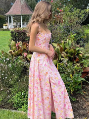 Floral Print Sleeveless A-line Pink Summer Dress