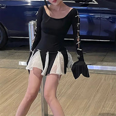 Fairycore Patchwork Ruffle A-Line Dress with Bow Detail