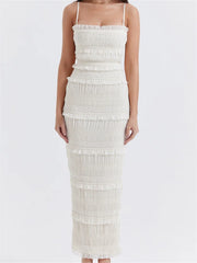 Y2K Ruched Sleeveless Sling Dress with Ruffles & Split