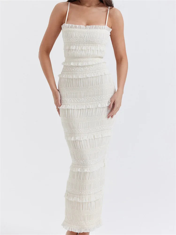 Y2K Ruched Sleeveless Sling Dress with Ruffles & Split