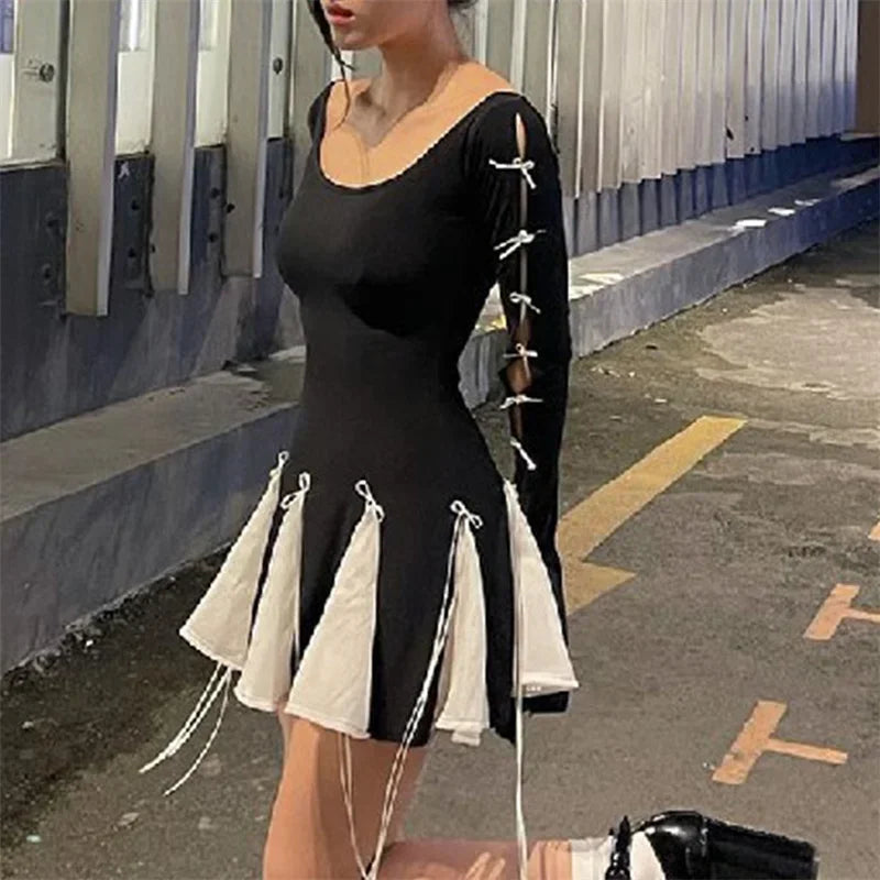Fairycore Patchwork Ruffle A-Line Dress with Bow Detail