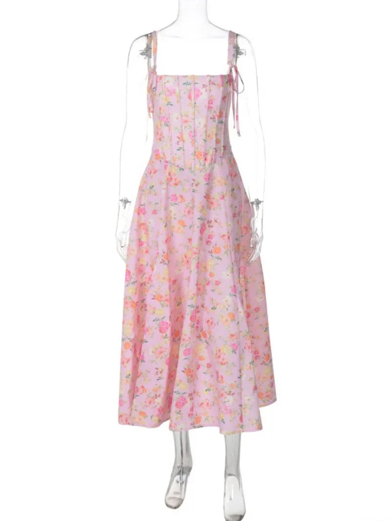 Floral Print Sleeveless A-line Pink Summer Dress