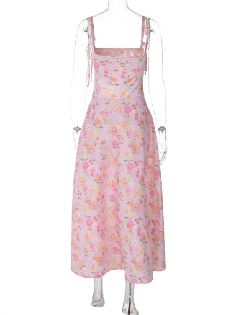 Floral Print Sleeveless A-line Pink Summer Dress