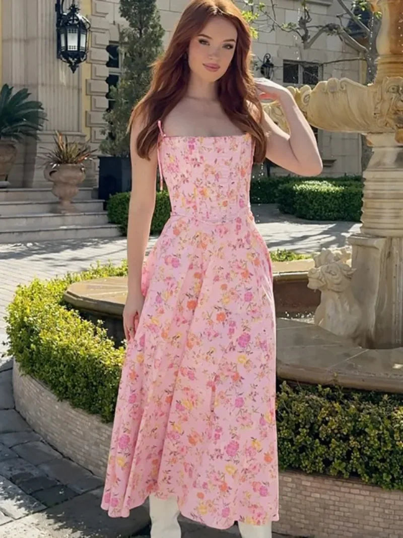 Floral Print Sleeveless A-line Pink Summer Dress