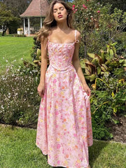 Floral Print Sleeveless A-line Pink Summer Dress